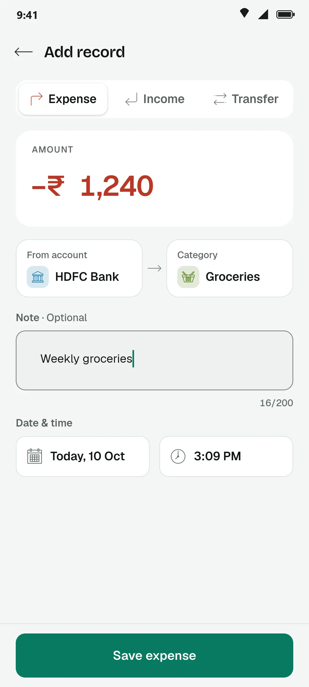 Add record screen with an expense of ₹1,240 from HDFC Bank for Groceries