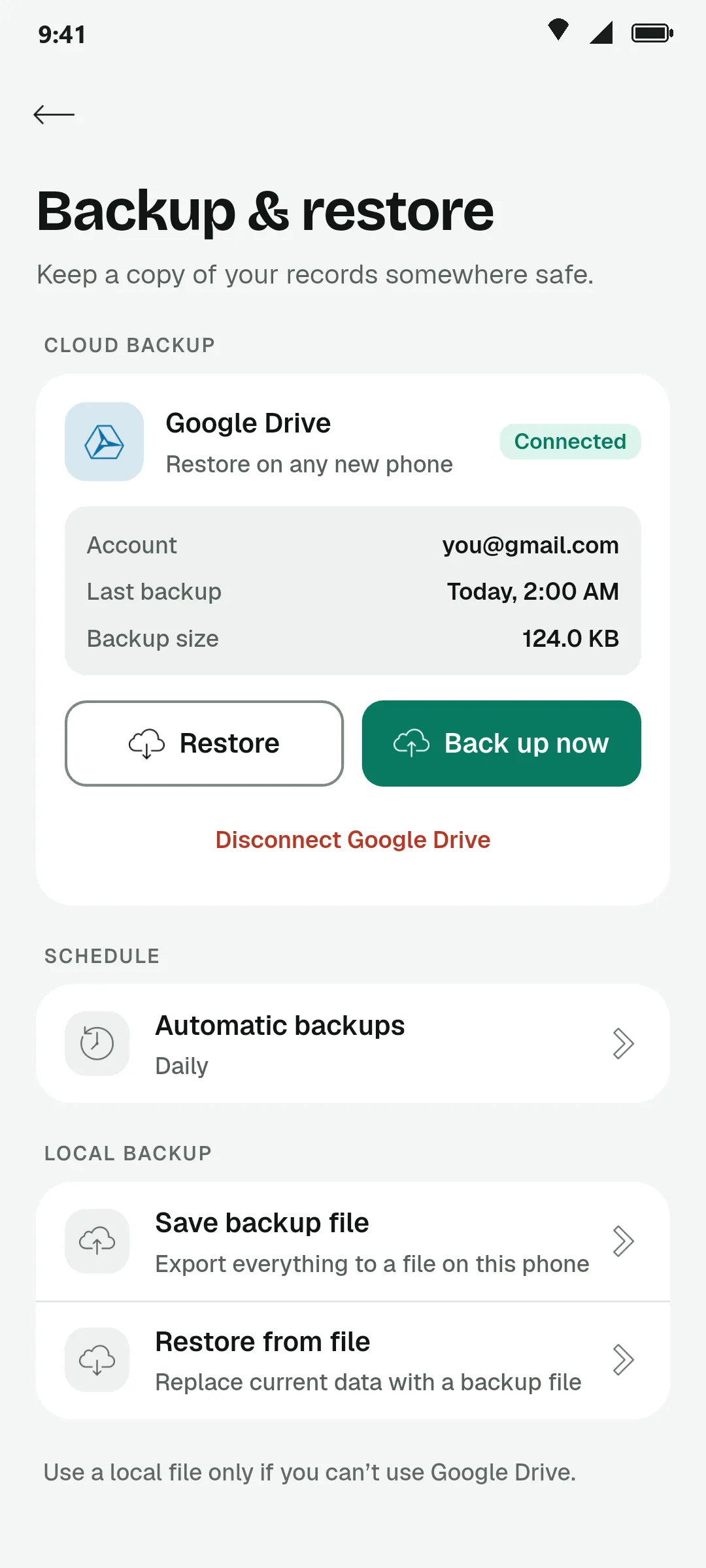 Backup and restore screen connected to Google Drive with daily automatic backups