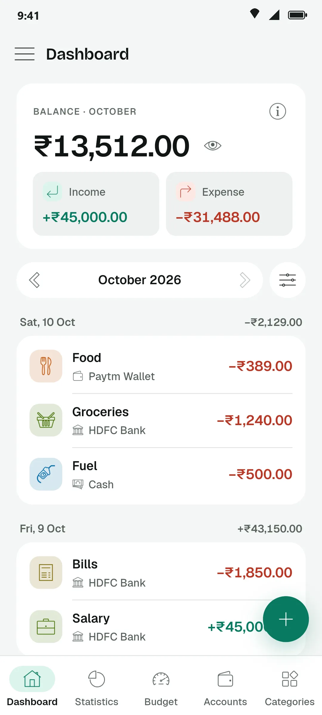 PennyLog dashboard: October balance ₹13,512 with income and expense, and the day's records below