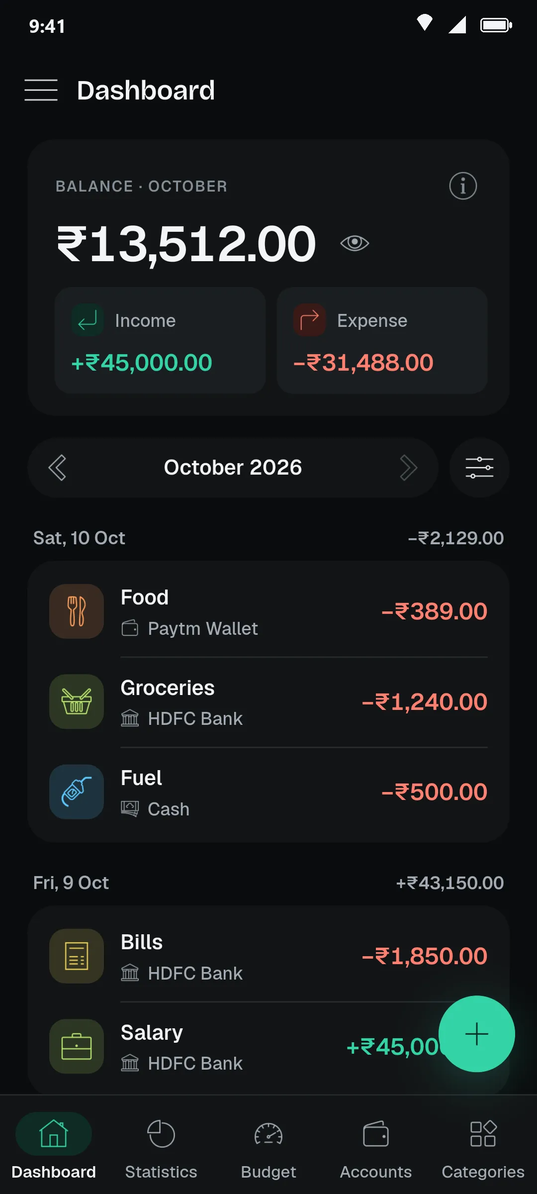 PennyLog dashboard: October balance ₹13,512 with income and expense, and the day's records below
