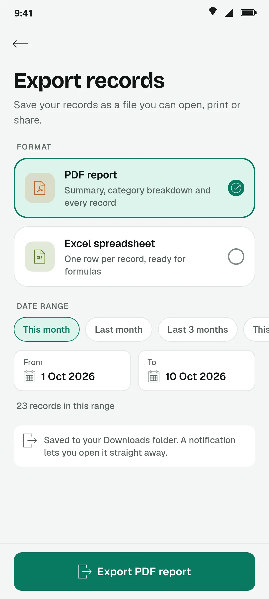 Export records screen with PDF report and Excel spreadsheet options