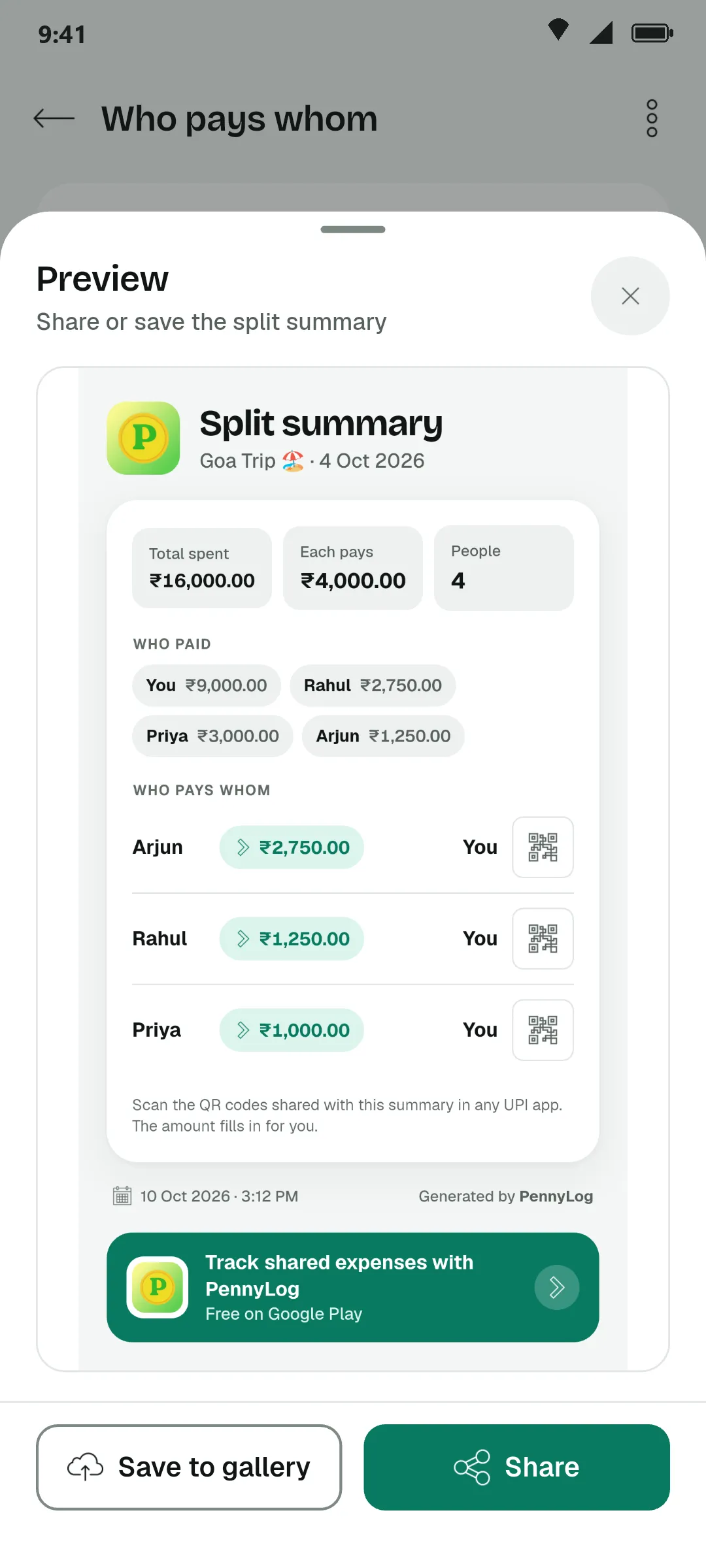 Split summary image preview with who paid and who pays whom