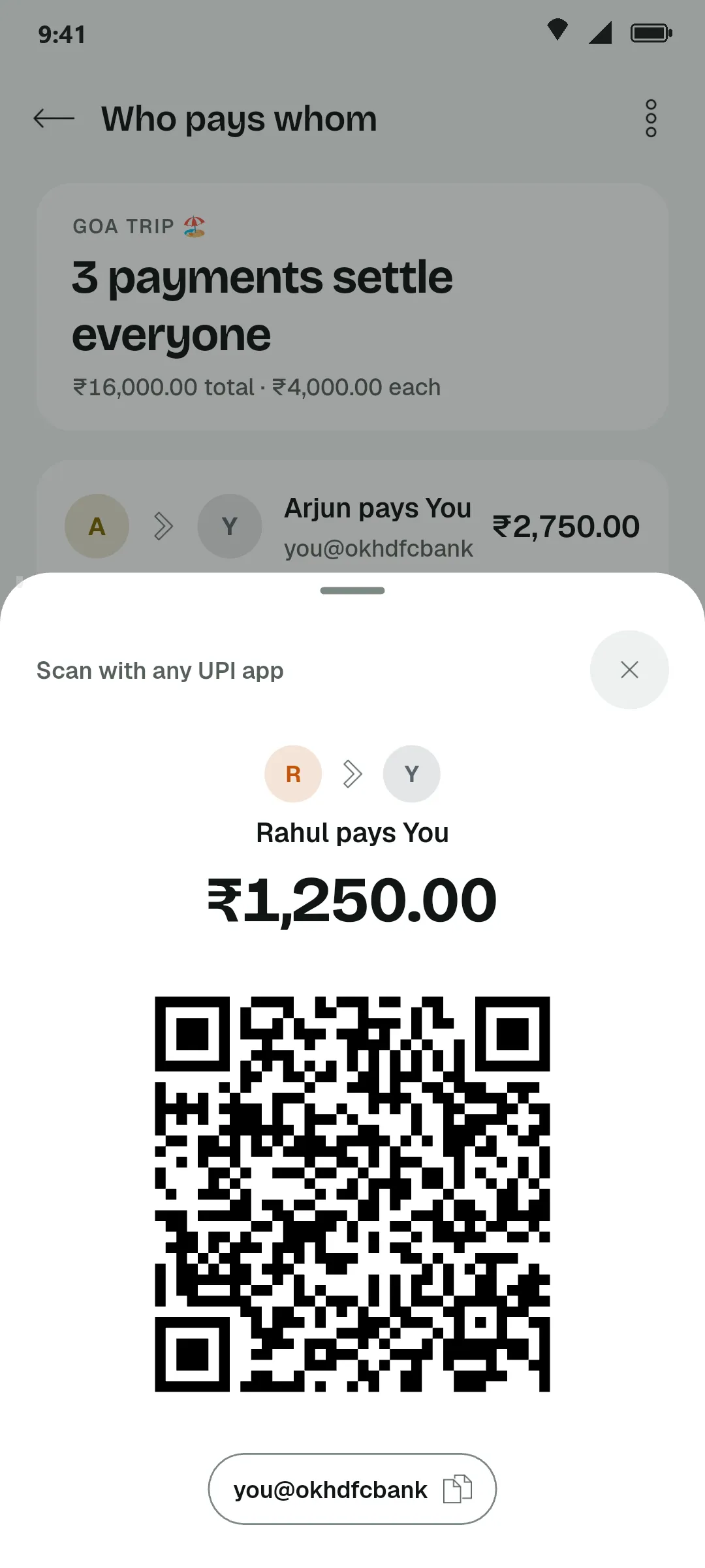 UPI QR code for Rahul paying ₹1,250